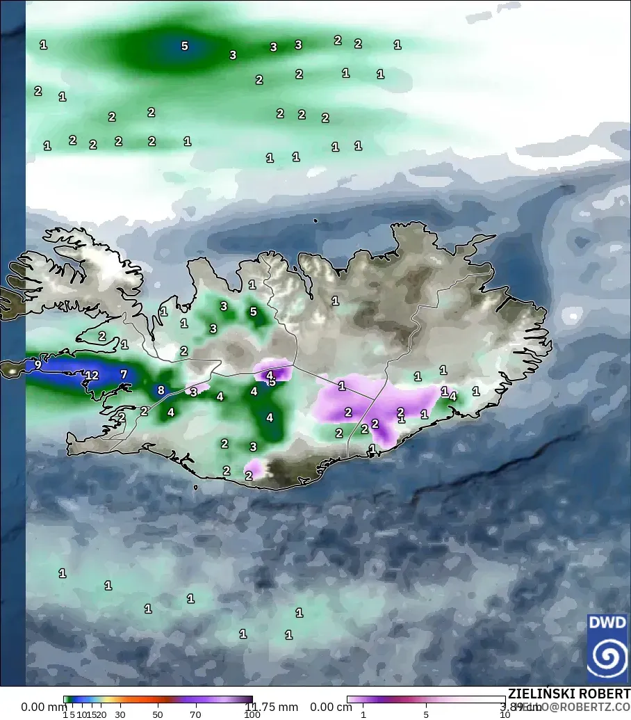 ICON modelo - Islandia, Precipitación, nubes y presión