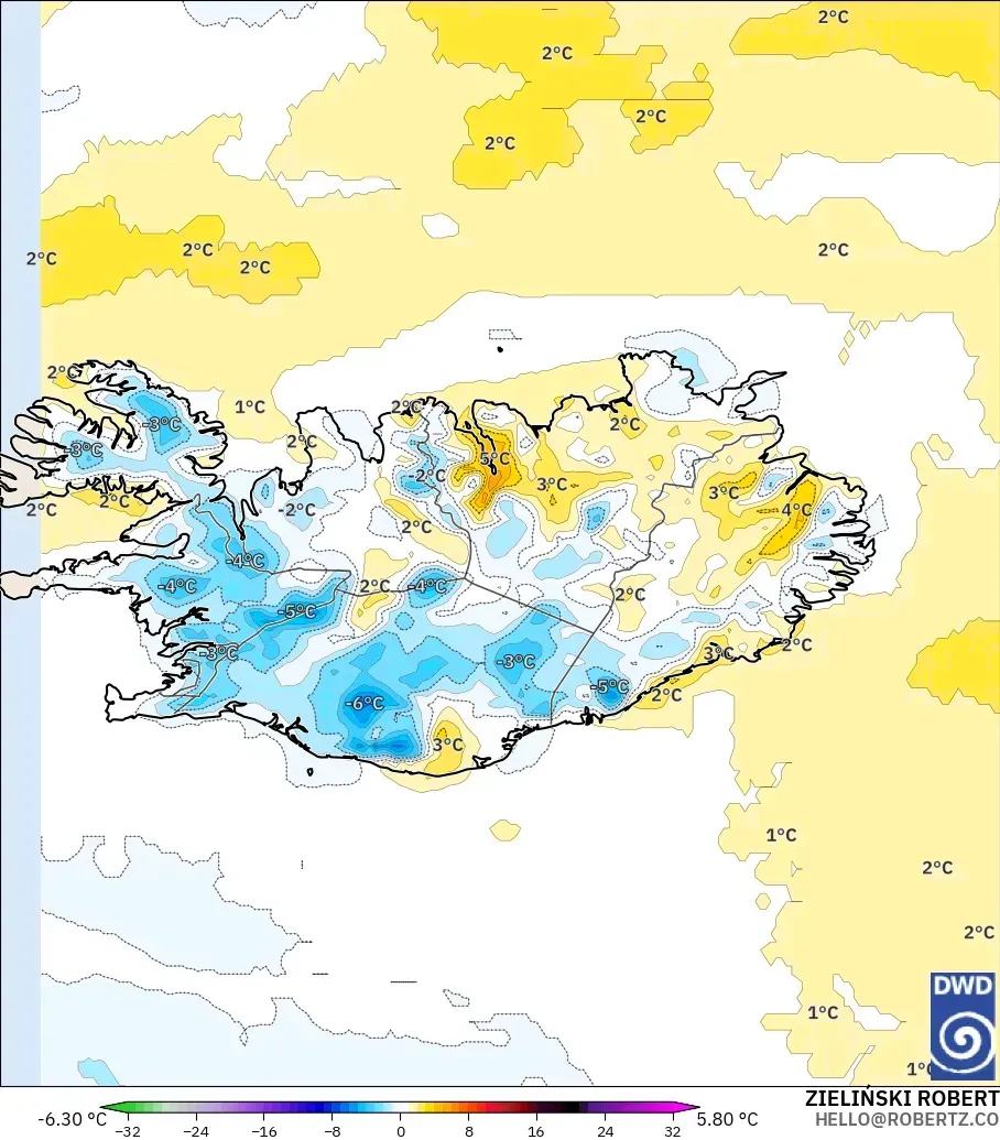 ICON modelo - Islandia, Anomalía de temperatura a 2 m