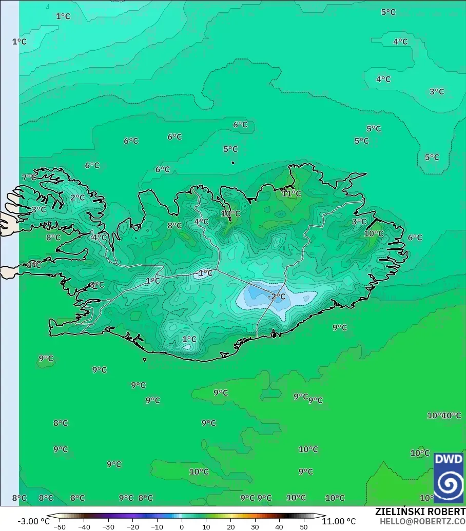 ICON modelo - Islandia, Temperatura a 2 m