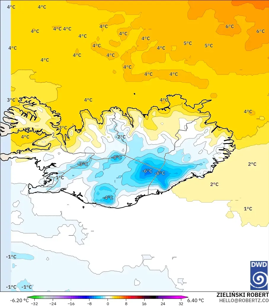 ICON modelo - Islandia, Anomalía de temperatura a 850 hPa