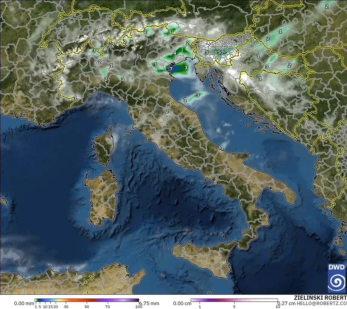 ICON modelo - Italia, Precipitación, nubes y presión