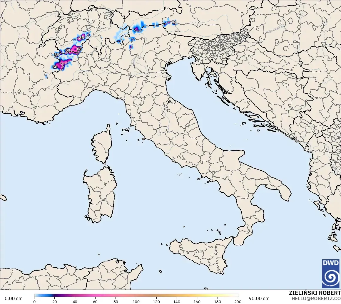 ICON modelo - Italia, Profundidad de nieve