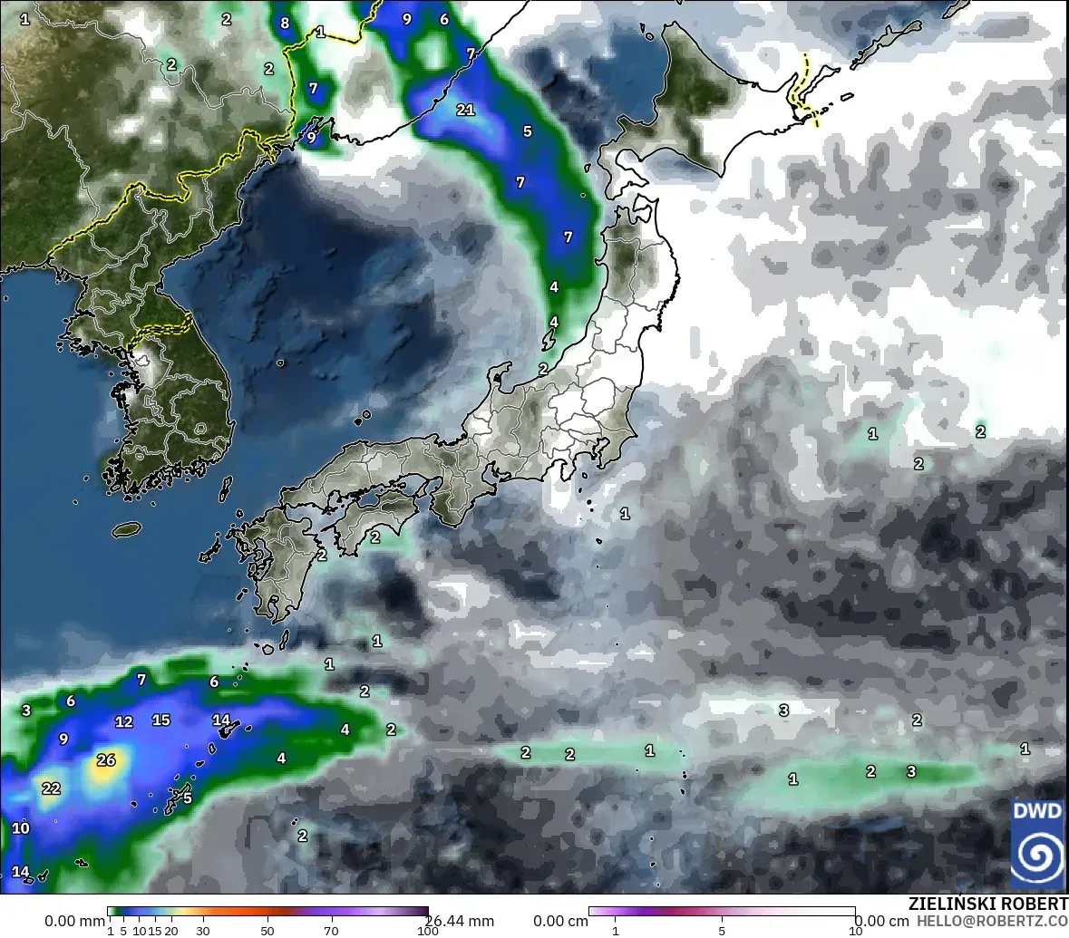 ICON modelo - Japón, Precipitación, nubes y presión