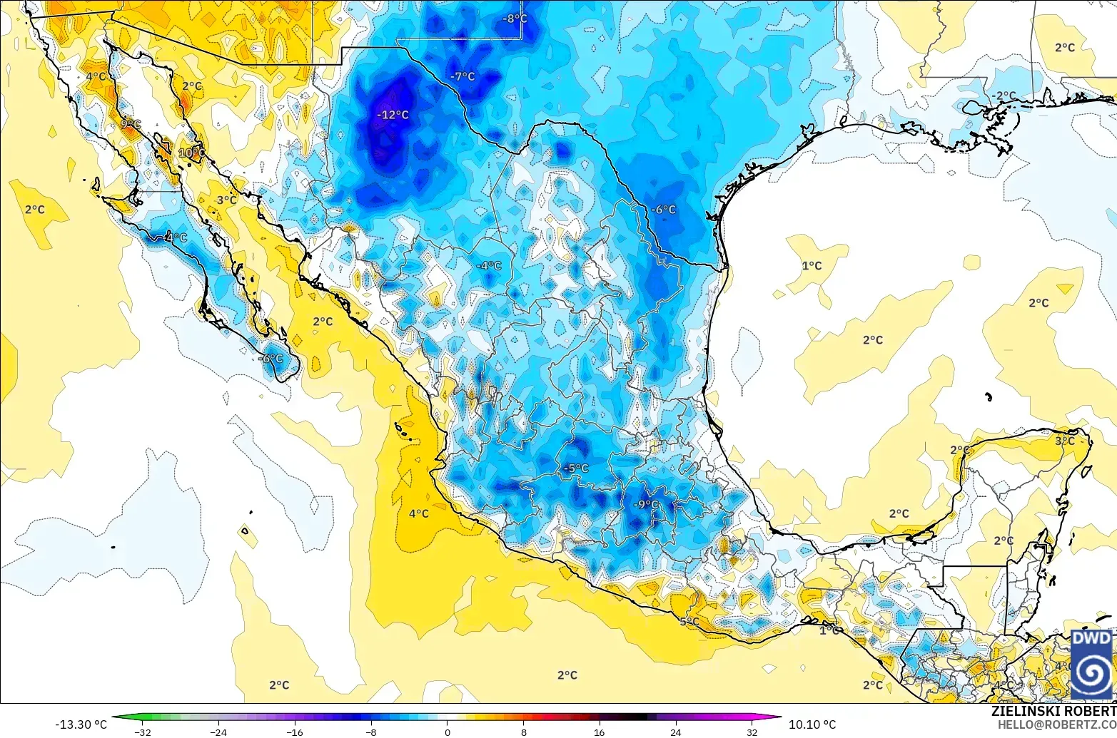 ICON modelo - México, Anomalía de temperatura a 2 m