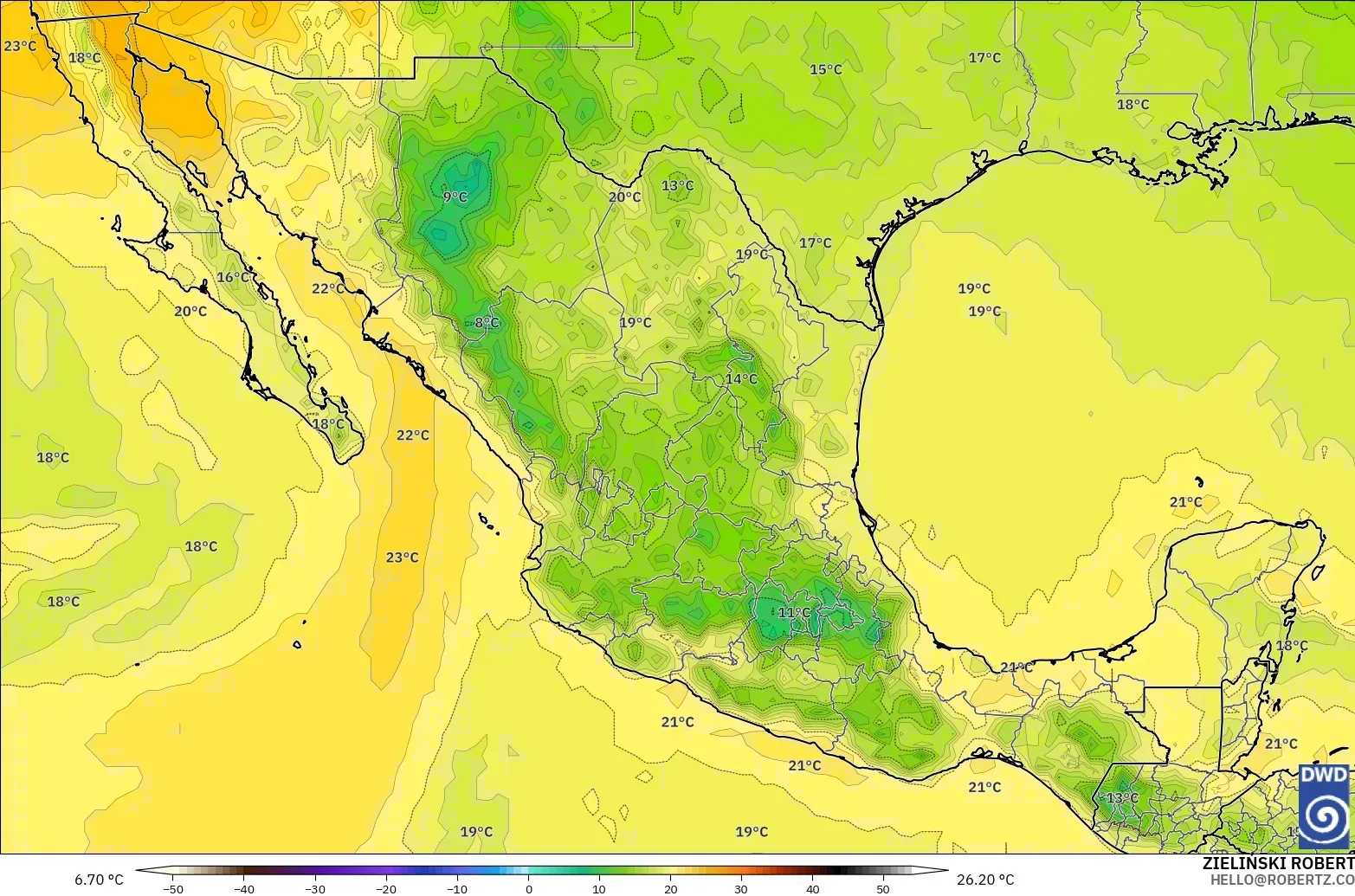 ICON modelo - México, Temperatura a 850 hPa