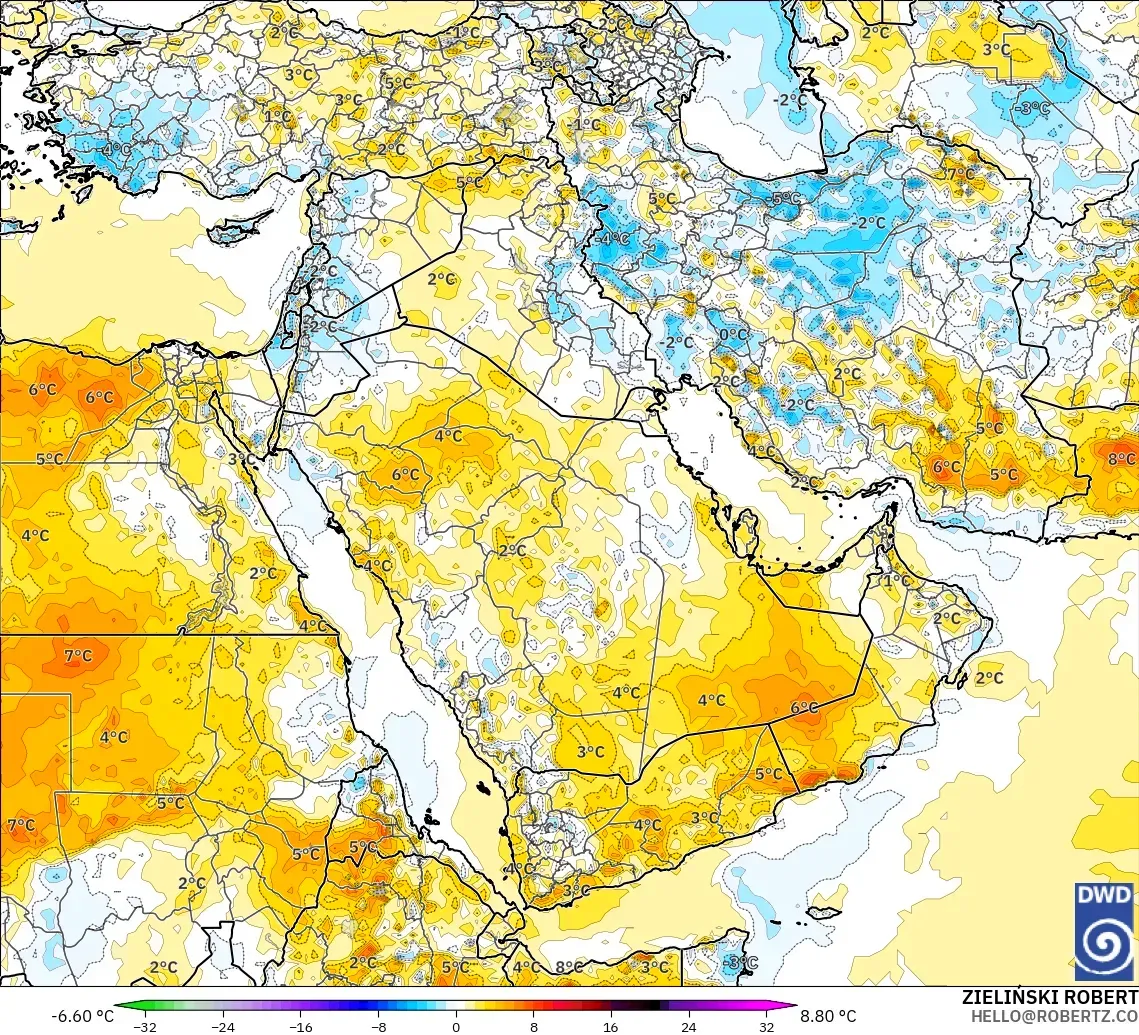 ICON modelo - Oriente Medio, Anomalía de temperatura a 2 m