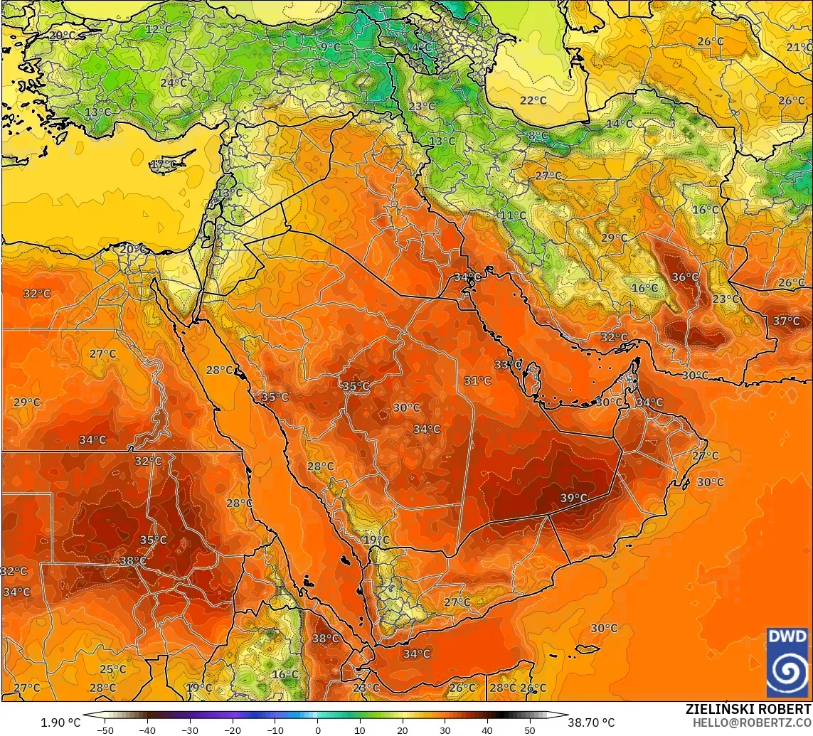 ICON modelo - Oriente Medio, Temperatura a 2 m