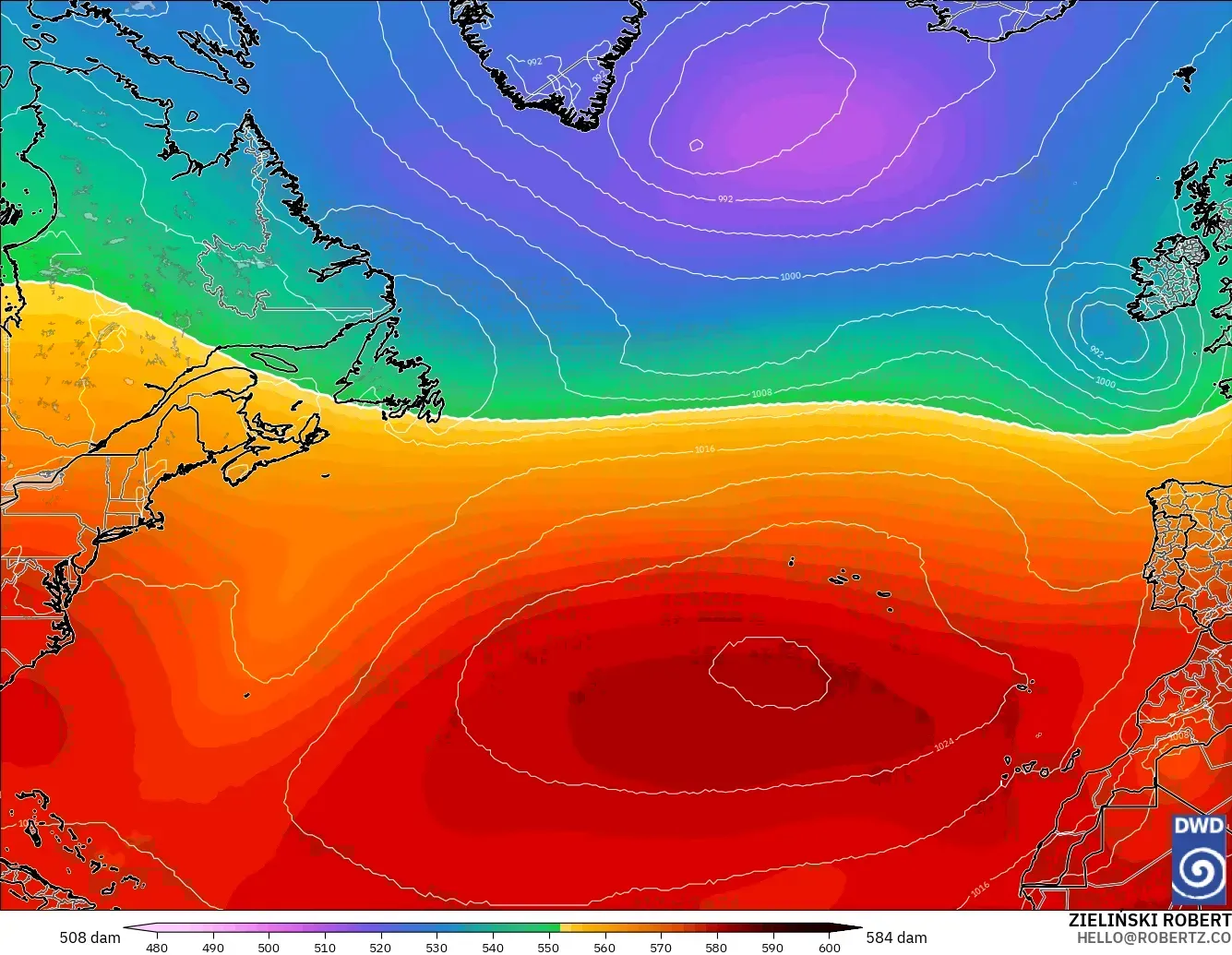 ICON modelo - Norte Atlántico, Altura geopotencial a 500 hPa