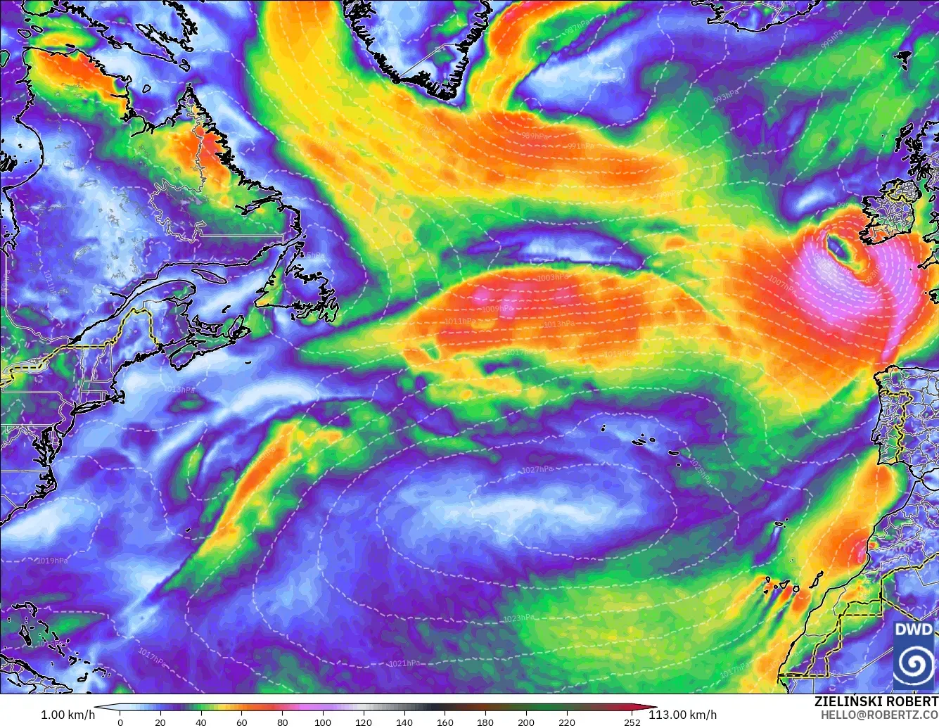 ICON modelo - Norte Atlántico, Ráfagas de Viento Máximas
