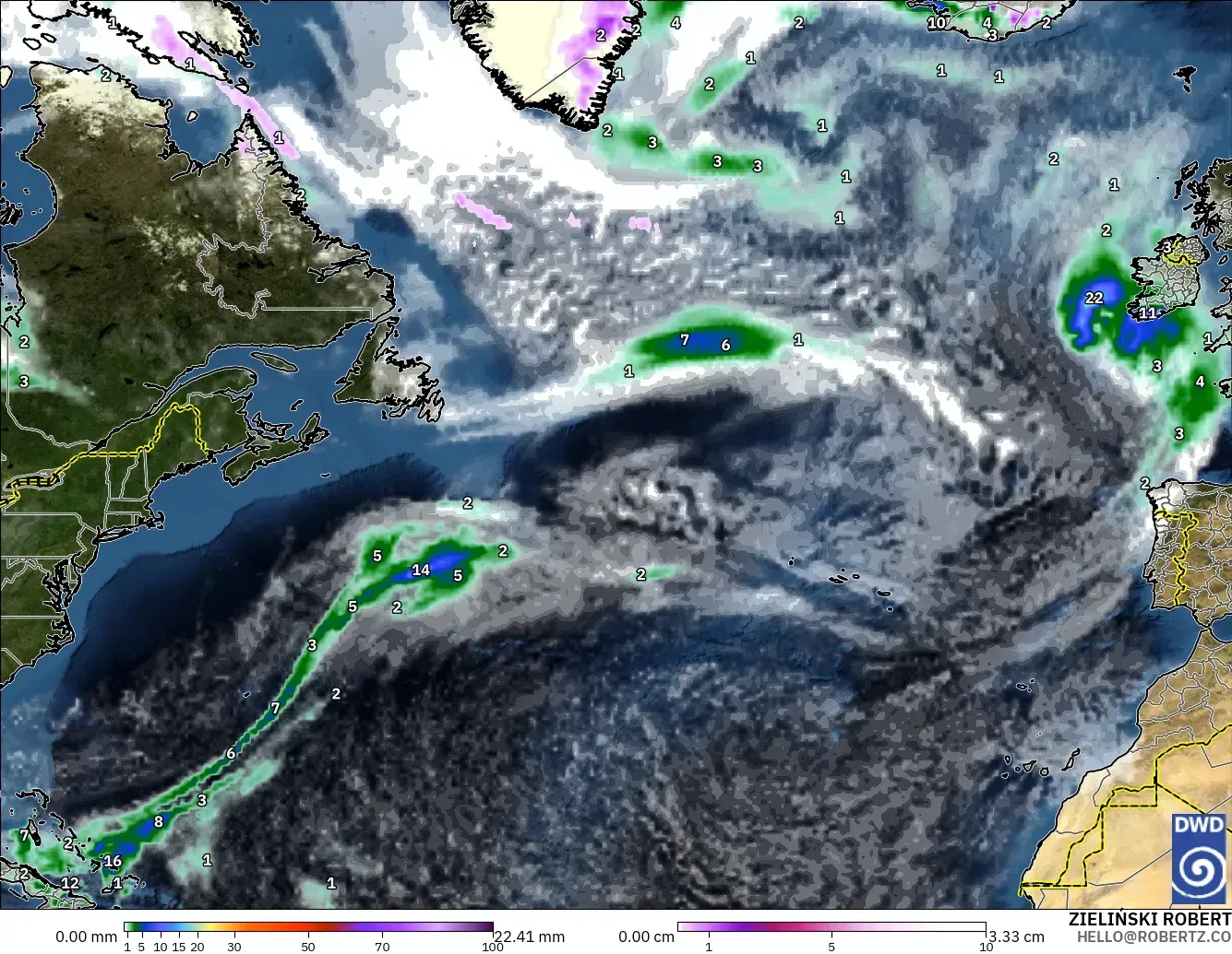 ICON modelo - Norte Atlántico, Precipitación, nubes y presión