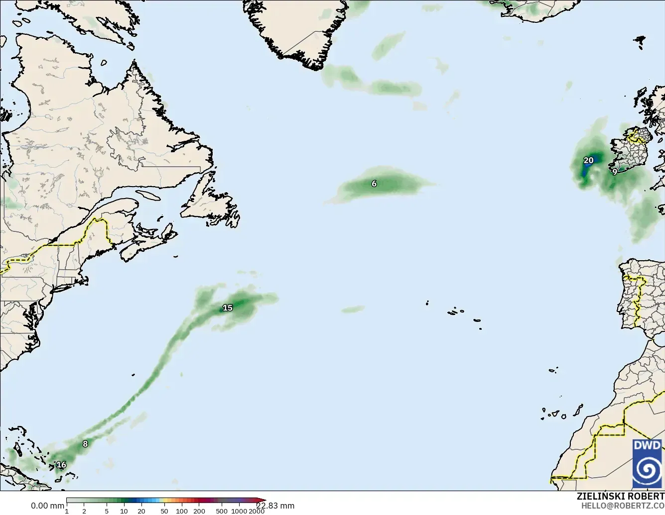 ICON modelo - Norte Atlántico, Acumulación de precipitación