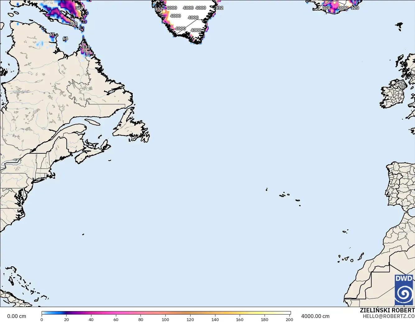 ICON modelo - Norte Atlántico, Profundidad de nieve