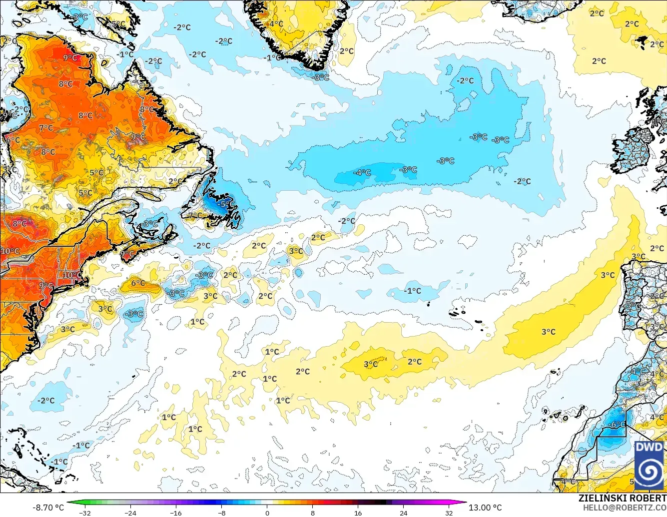 ICON modelo - Norte Atlántico, Anomalía de temperatura a 2 m