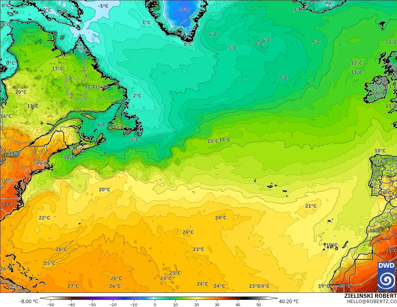 ICON modelo - Norte Atlántico, Temperatura a 2 m