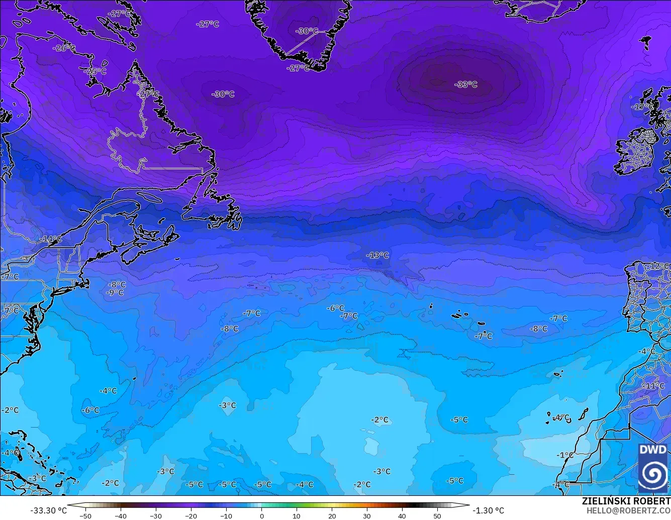 ICON modelo - Norte Atlántico, Temperatura a 500 hPa