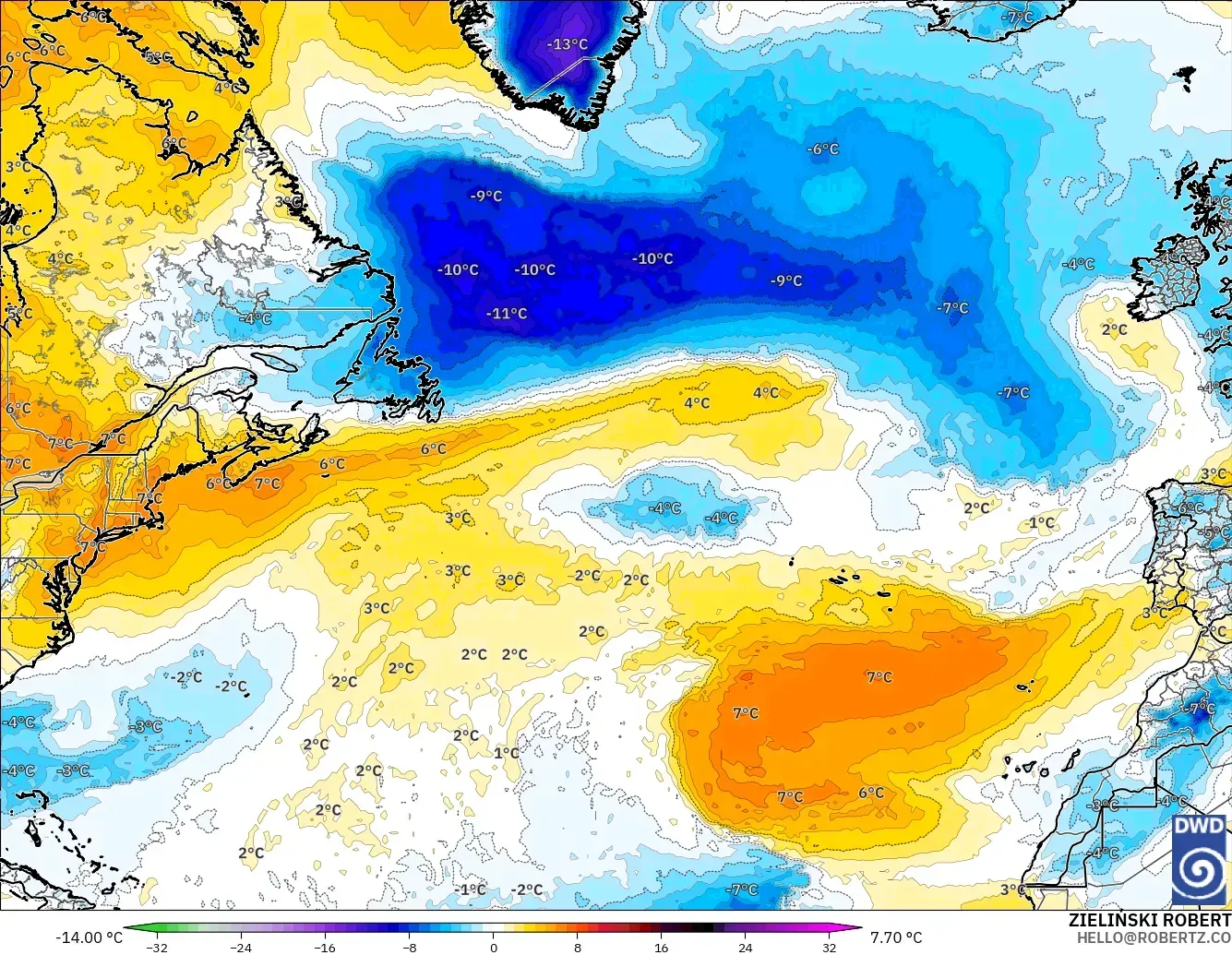 ICON modelo - Norte Atlántico, Anomalía de temperatura a 850 hPa