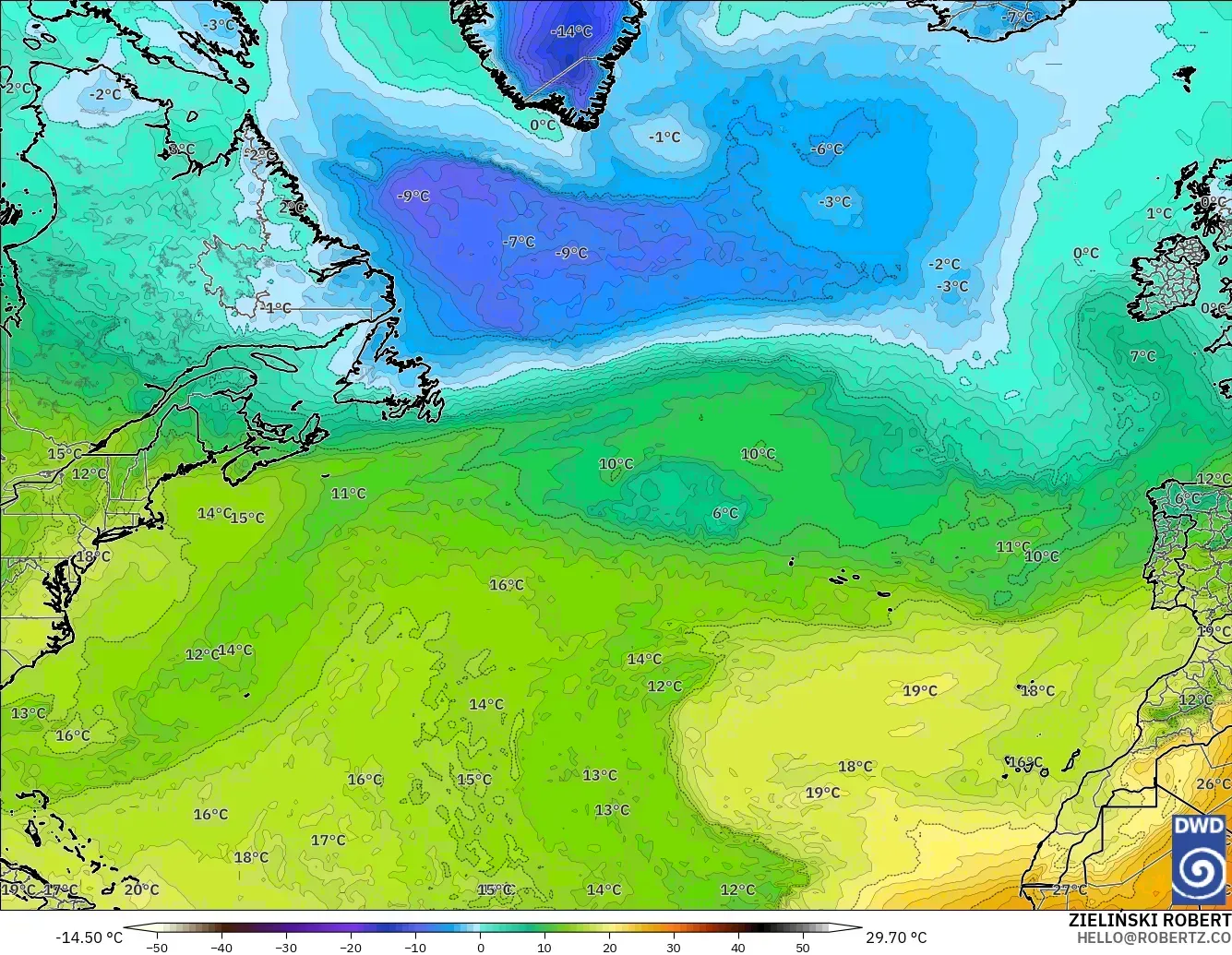 ICON modelo - Norte Atlántico, Temperatura a 850 hPa