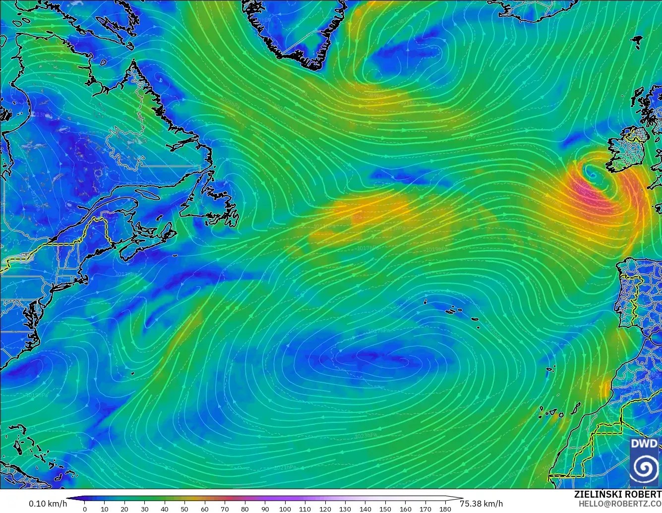 ICON modelo - Norte Atlántico, Viento a 10 m