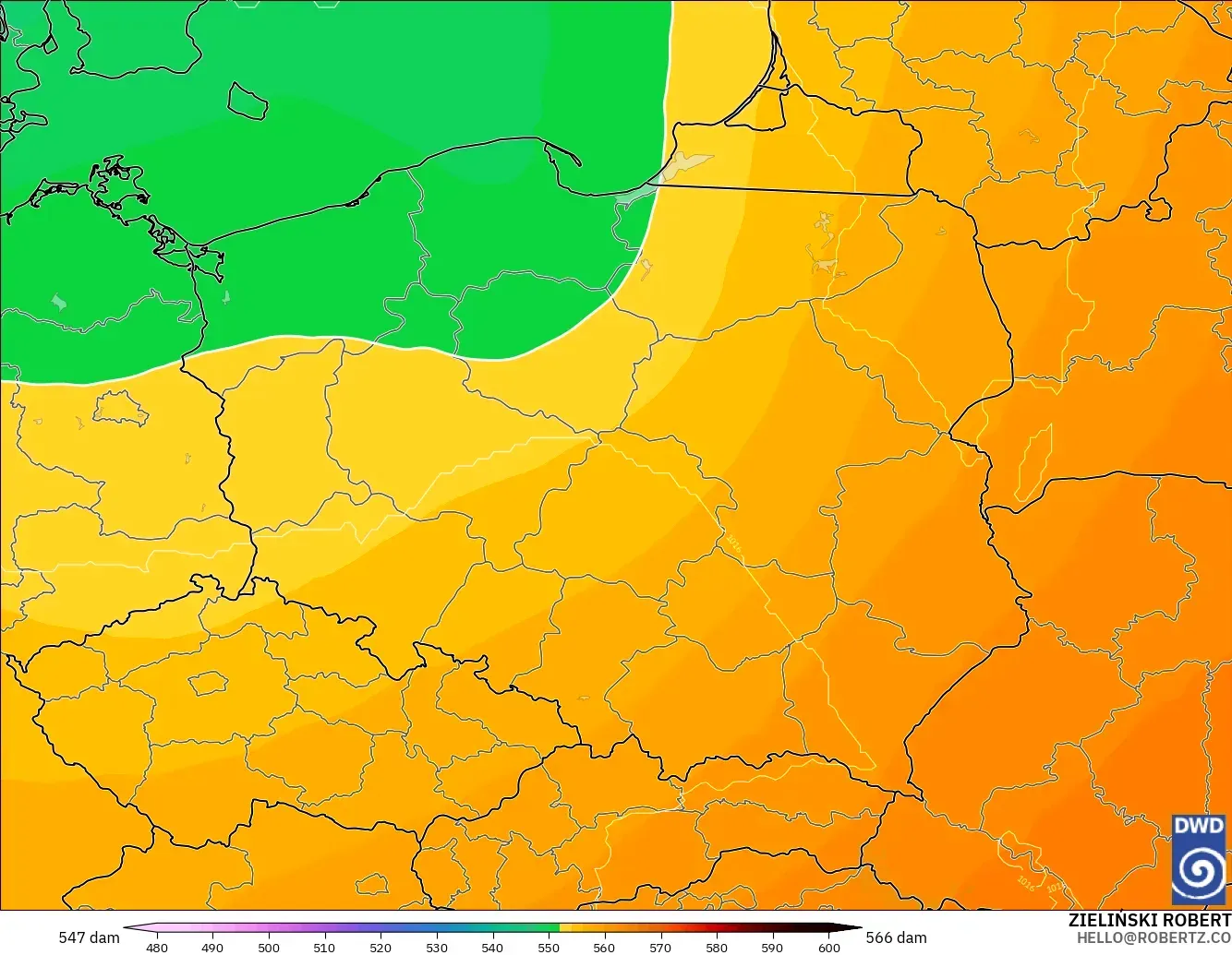 ICON modelo - Polonia, Altura geopotencial a 500 hPa