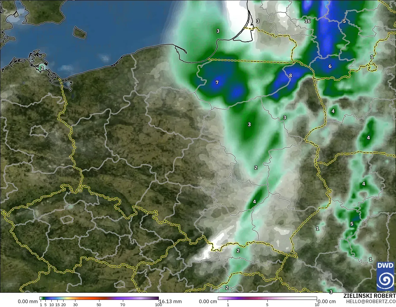 ICON modelo - Polonia, Precipitación, nubes y presión