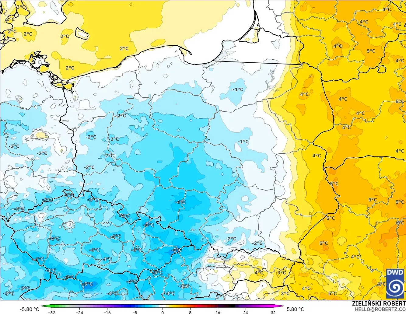 ICON modelo - Polonia, Anomalía de temperatura a 2 m