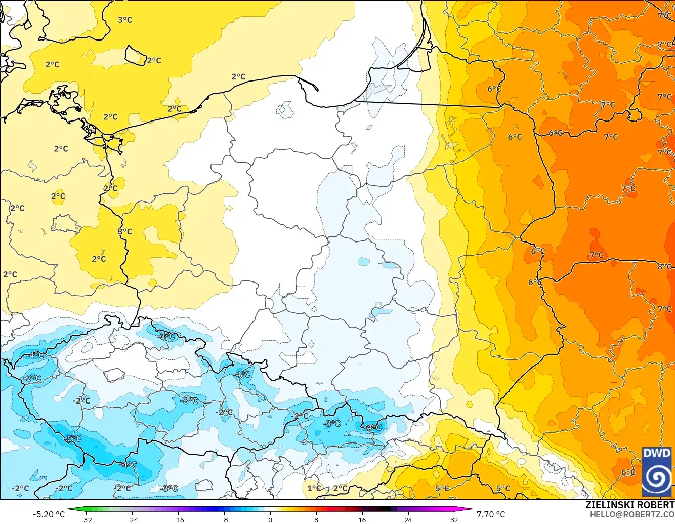 ICON modelo - Polonia, Anomalía de temperatura a 850 hPa
