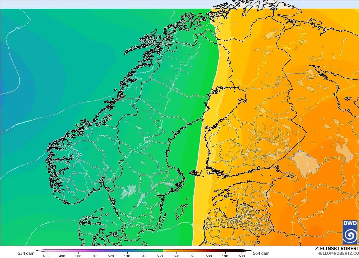 ICON modelo - Escandinavia, Altura geopotencial a 500 hPa