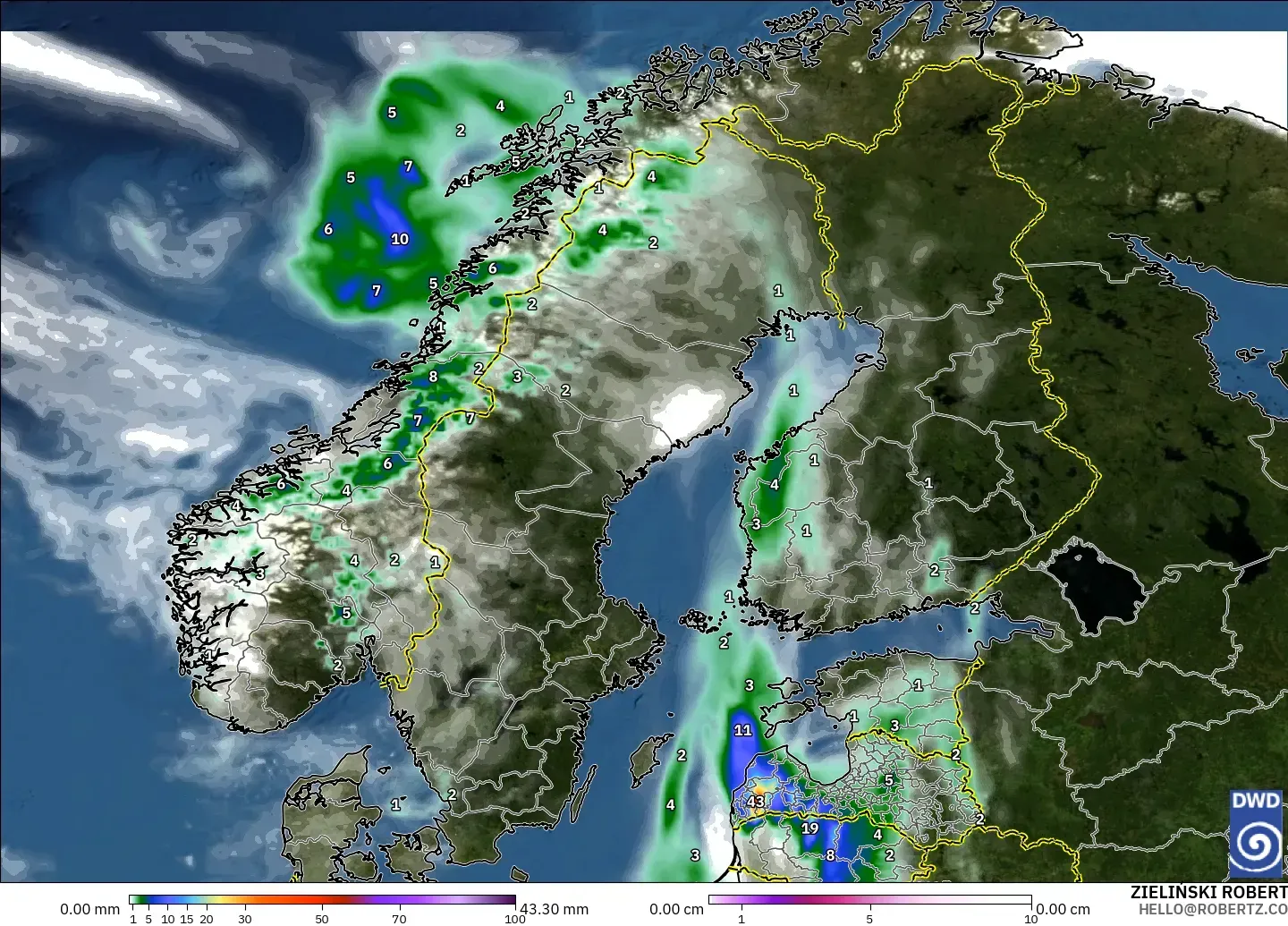 ICON modelo - Escandinavia, Precipitación, nubes y presión