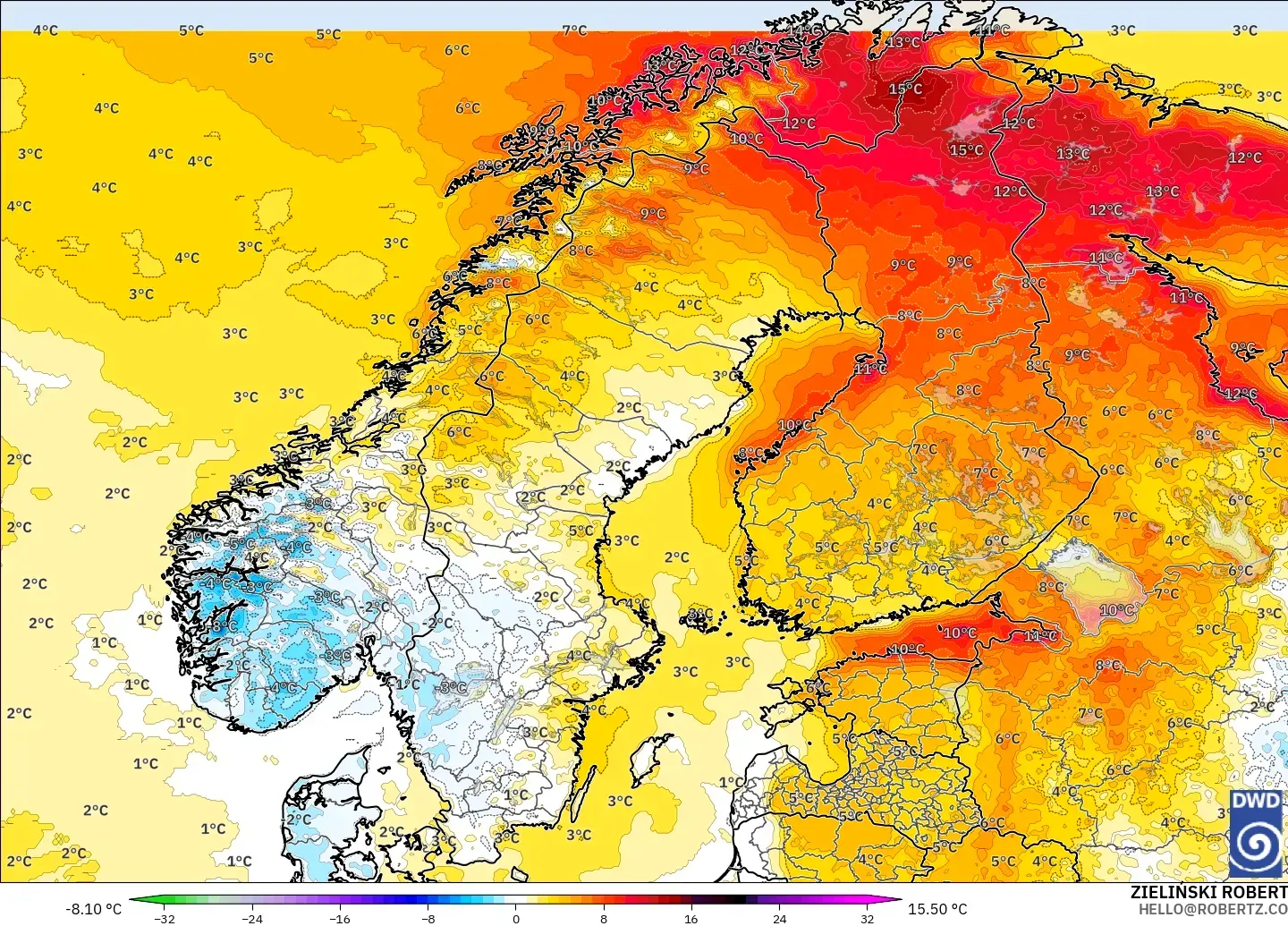 ICON modelo - Escandinavia, Anomalía de temperatura a 2 m