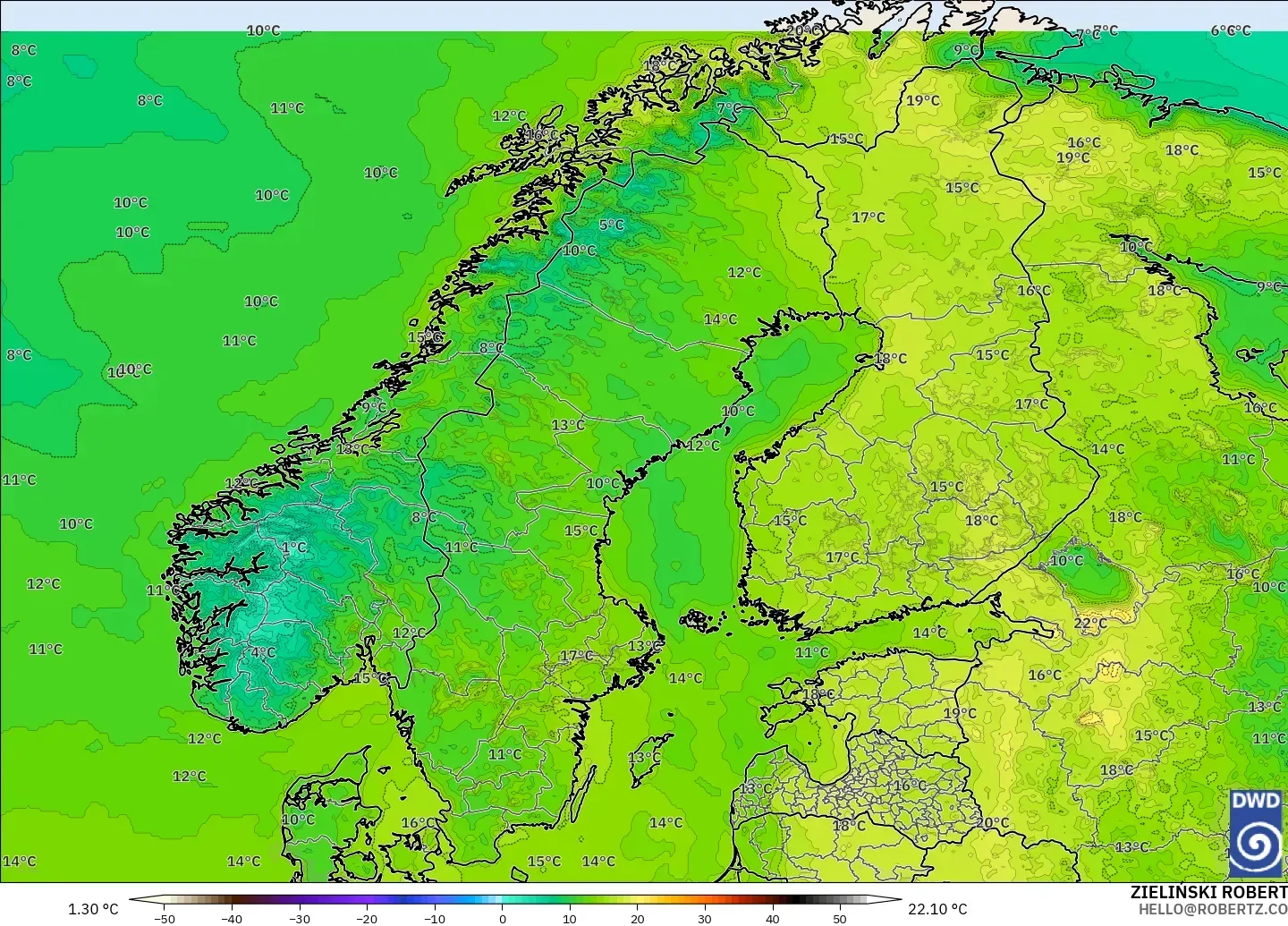 ICON modelo - Escandinavia, Temperatura a 2 m