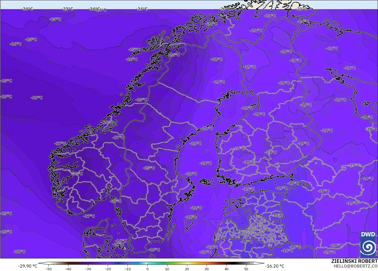 ICON modelo - Escandinavia, Temperatura a 500 hPa