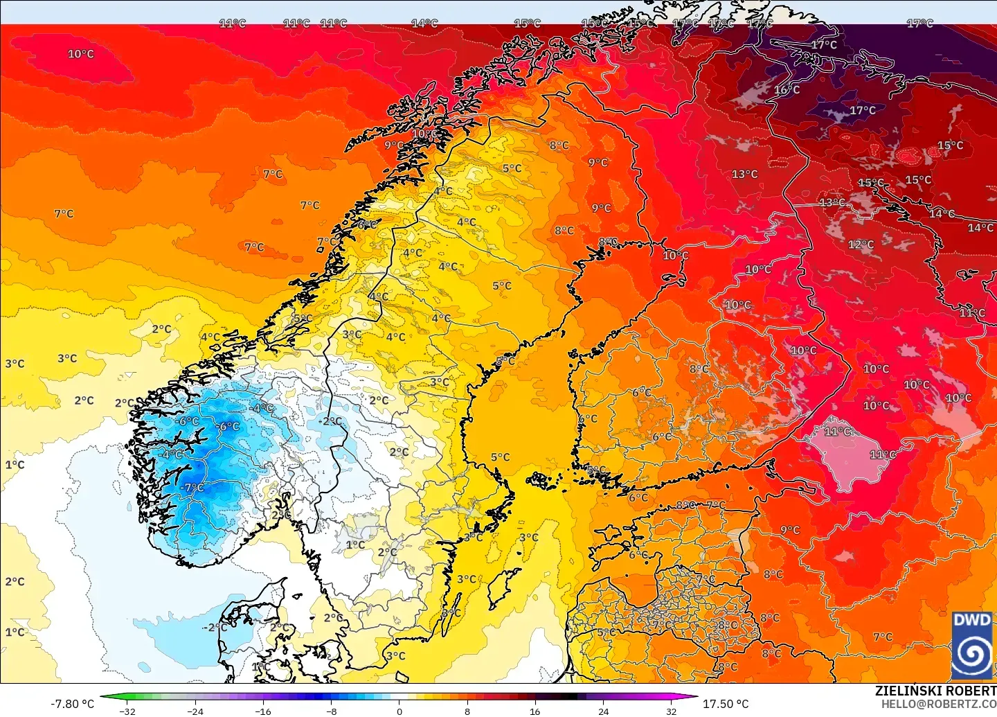 ICON modelo - Escandinavia, Anomalía de temperatura a 850 hPa