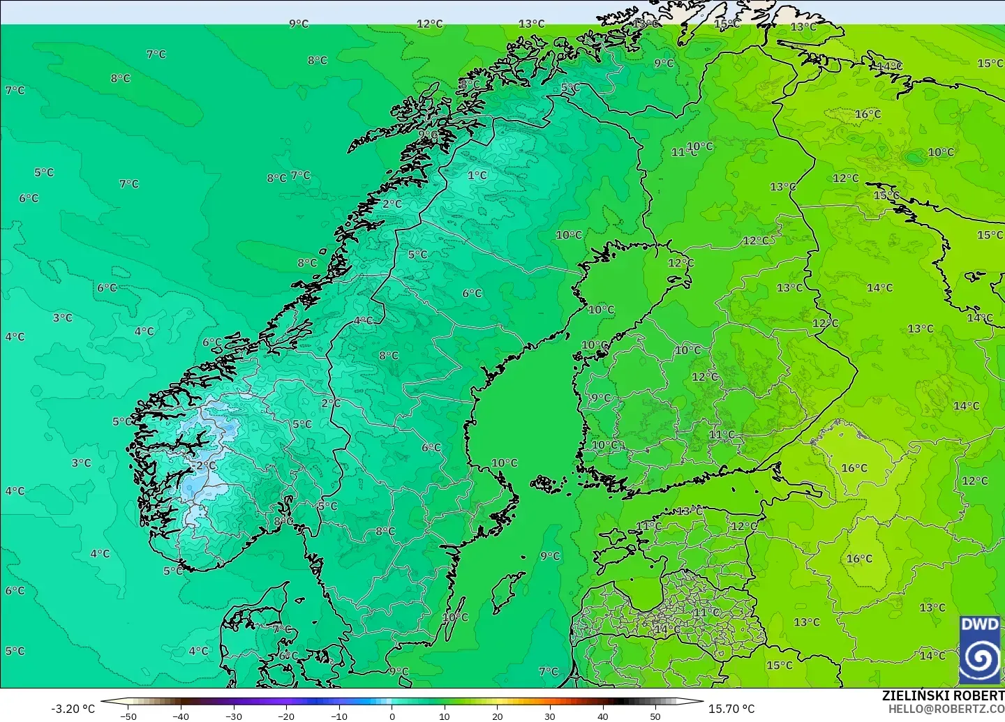 ICON modelo - Escandinavia, Temperatura a 850 hPa