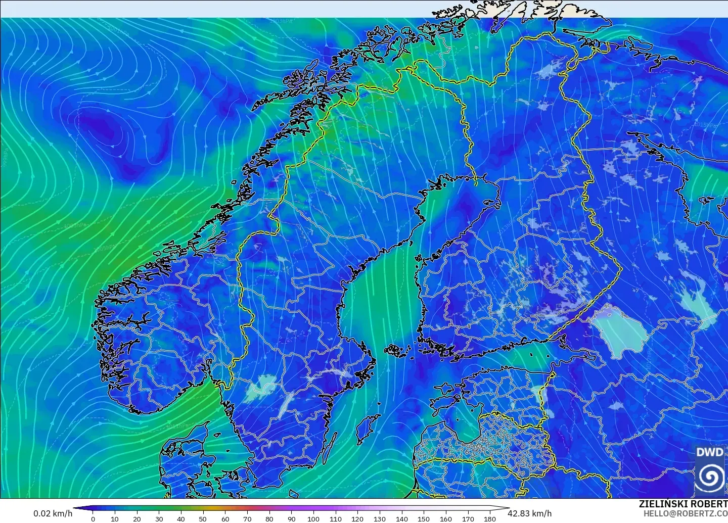ICON modelo - Escandinavia, Viento a 10 m