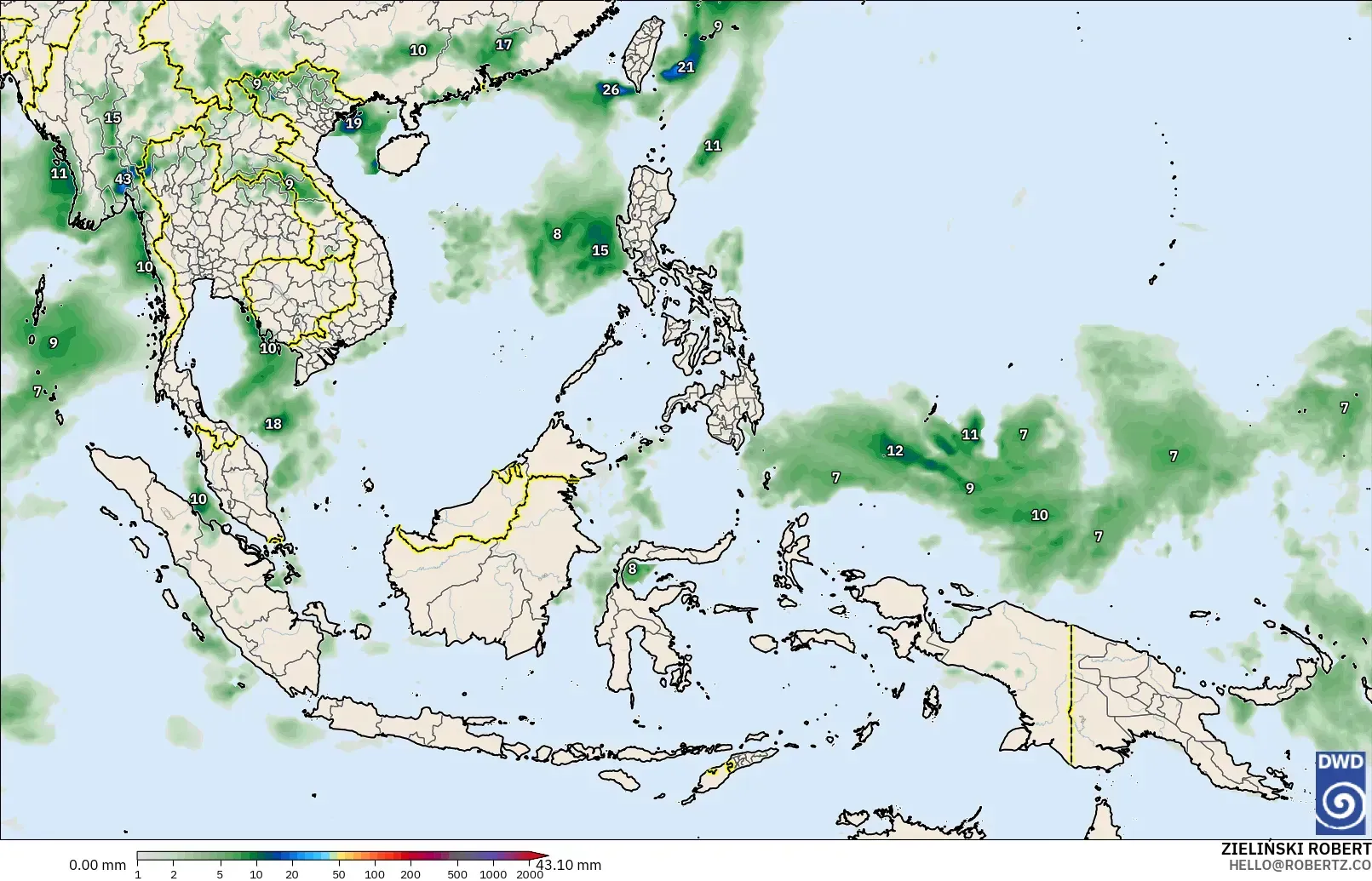 ICON modelo - Sudeste Asiático, Acumulación de precipitación