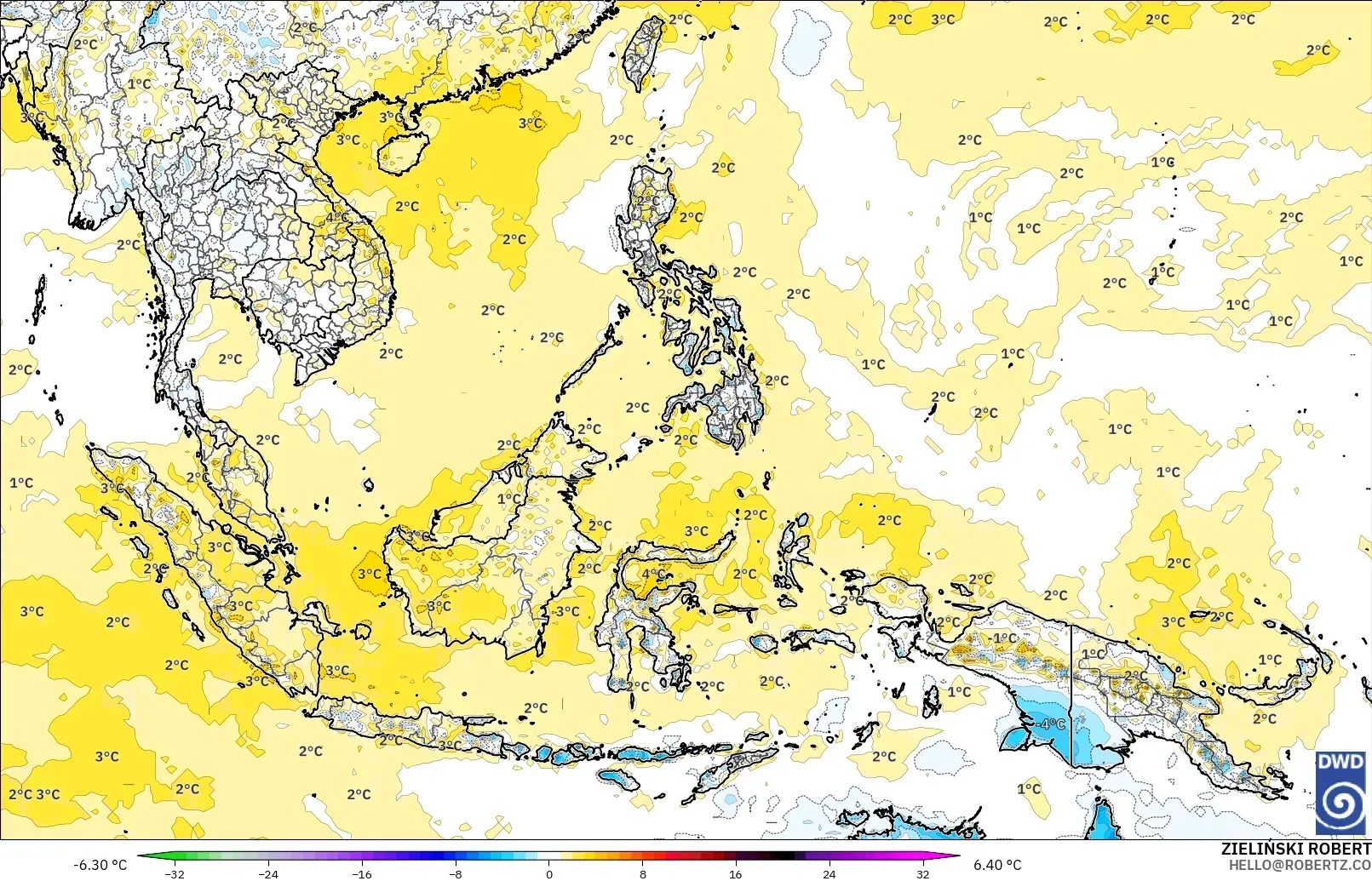 ICON modelo - Sudeste Asiático, Anomalía de temperatura a 2 m