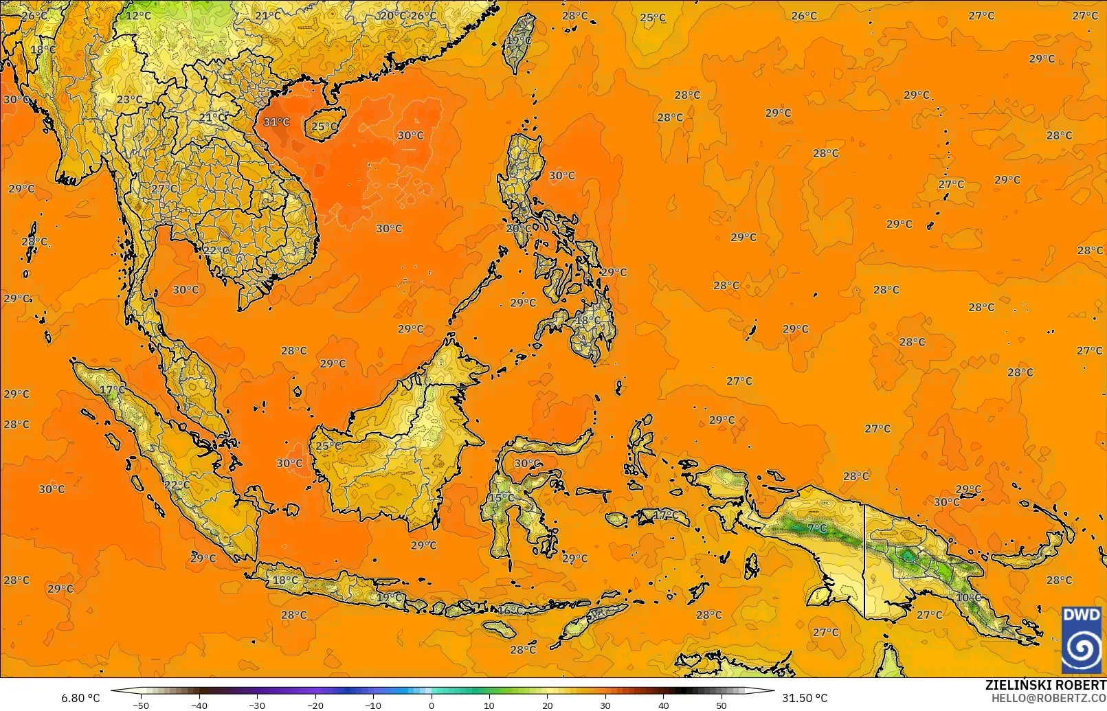 ICON modelo - Sudeste Asiático, Temperatura a 2 m