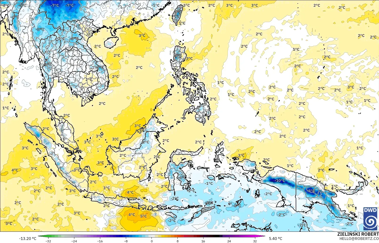 ICON modelo - Sudeste Asiático, Anomalía de temperatura a 850 hPa
