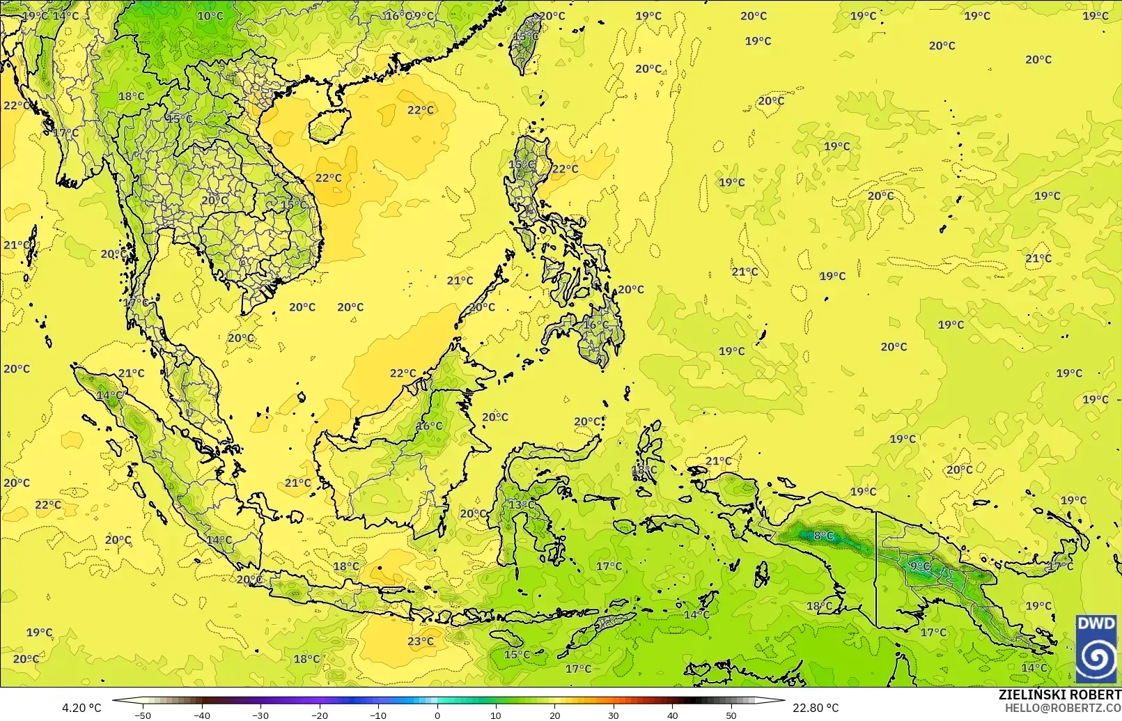 ICON modelo - Sudeste Asiático, Temperatura a 850 hPa