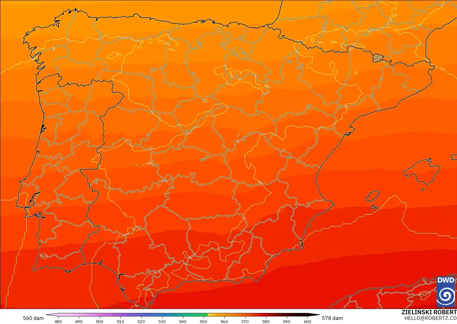 ICON modelo - España, Altura geopotencial a 500 hPa