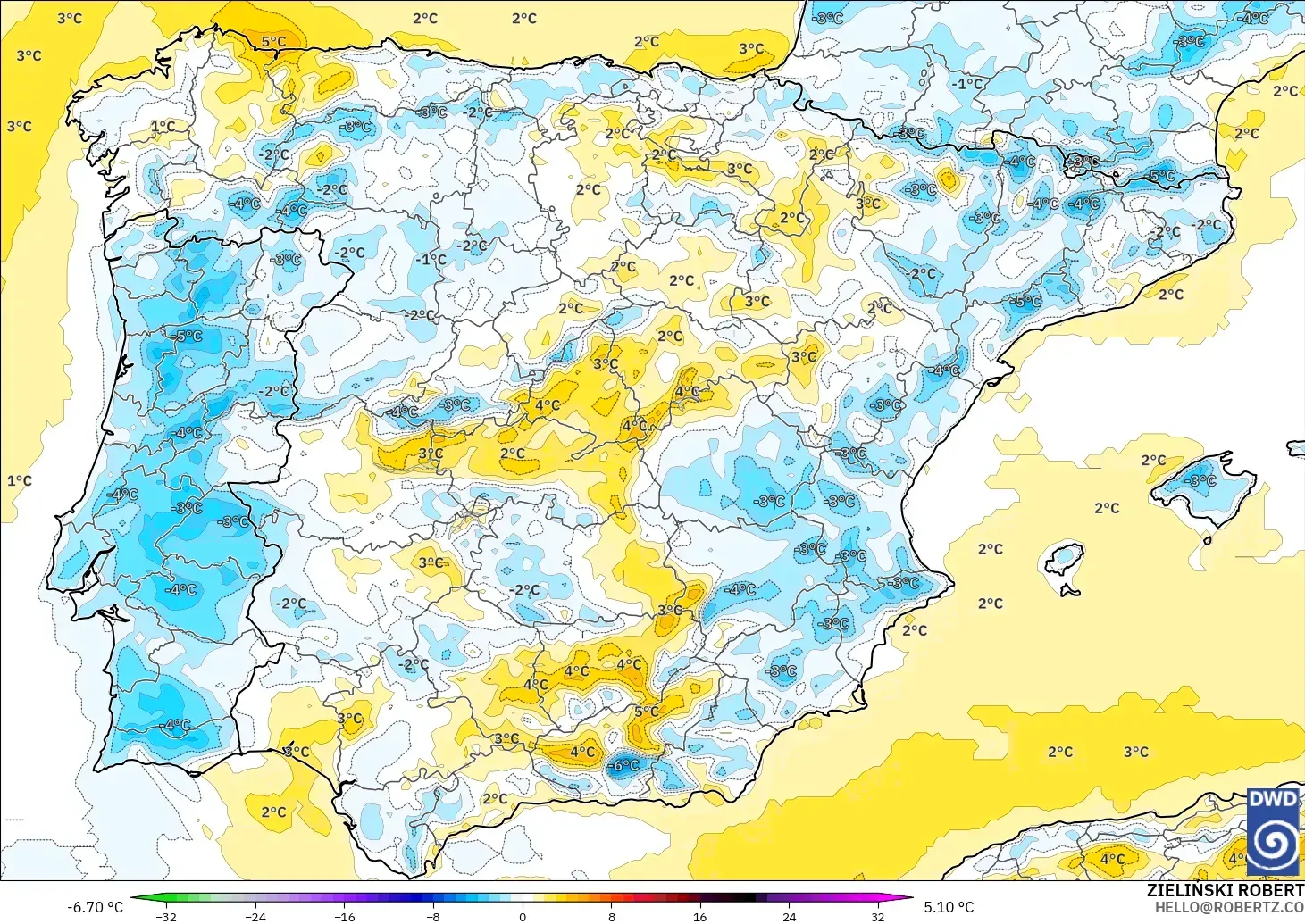 ICON modelo - España, Anomalía de temperatura a 2 m