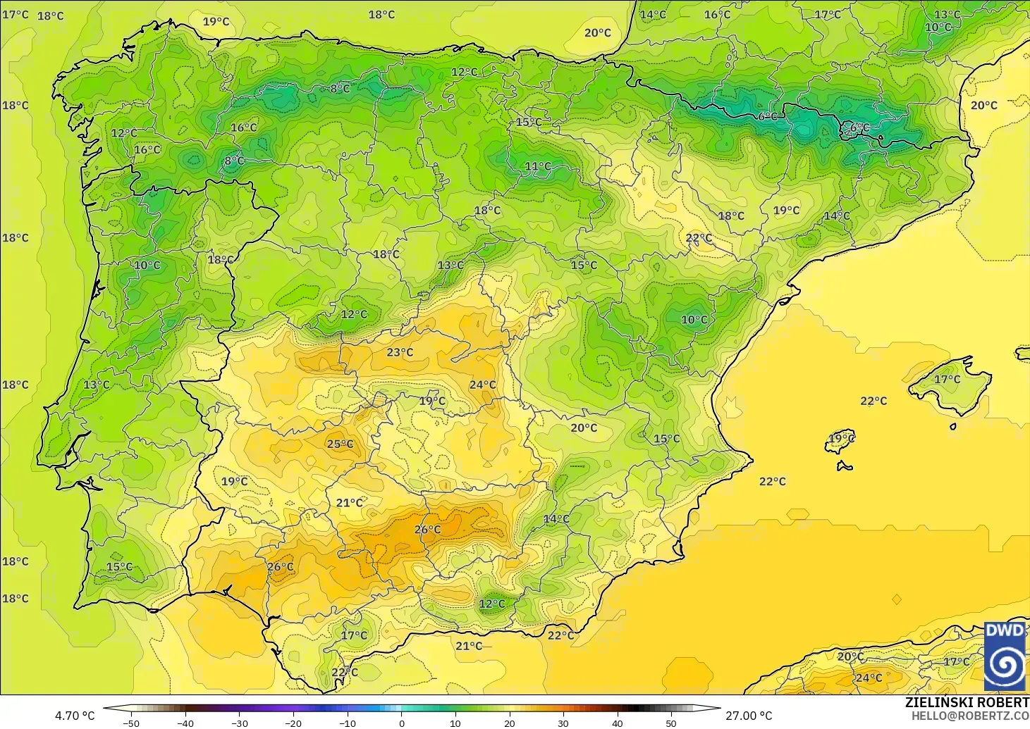 ICON modelo - España, Temperatura a 2 m