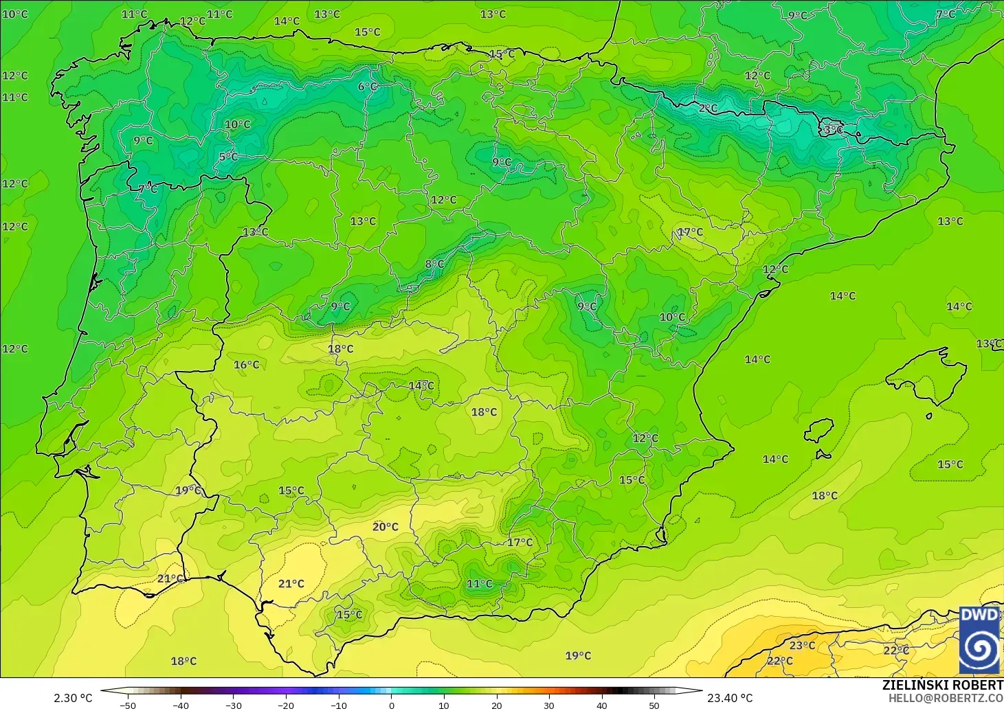 ICON modelo - España, Temperatura a 850 hPa