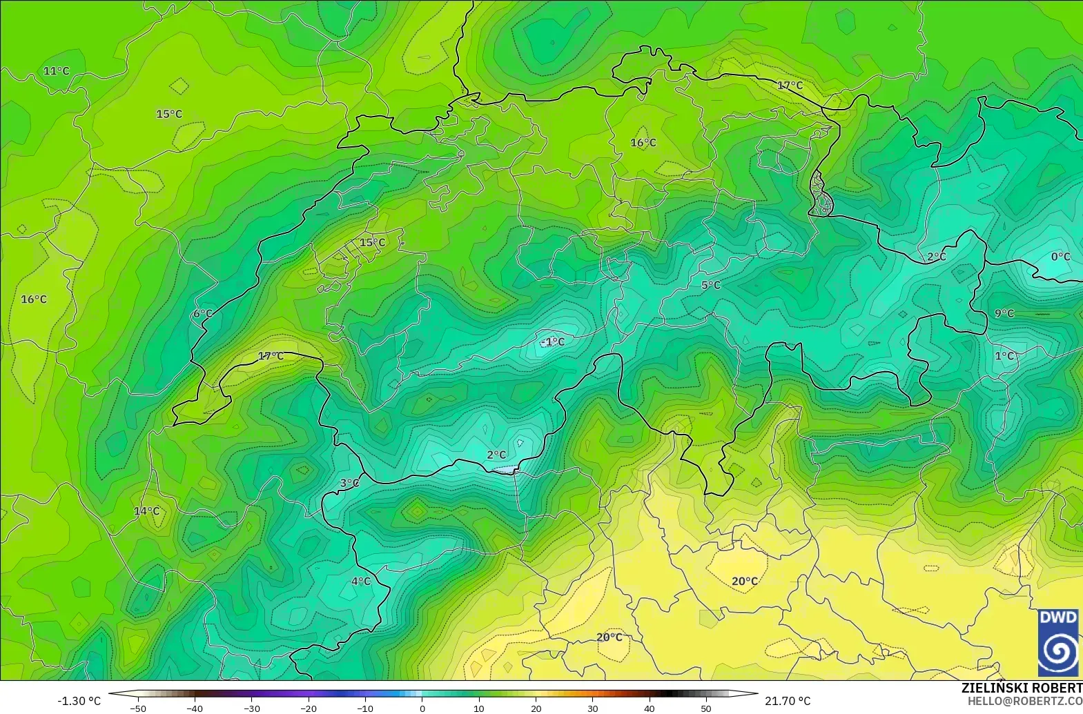 ICON modelo - Suiza, Temperatura a 2 m