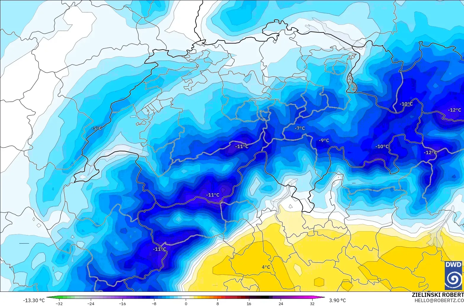 ICON modelo - Suiza, Anomalía de temperatura a 850 hPa