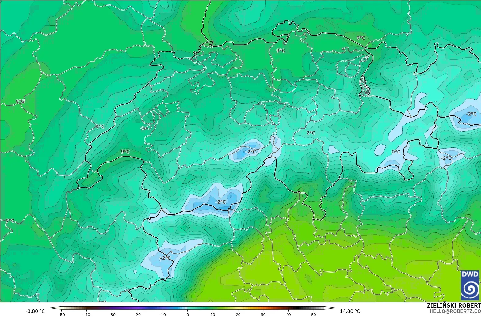 ICON modelo - Suiza, Temperatura a 850 hPa
