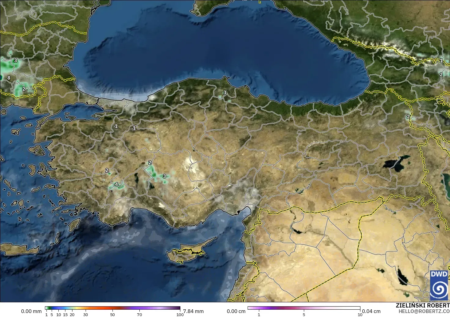 ICON modelo - Turquía, Precipitación, nubes y presión