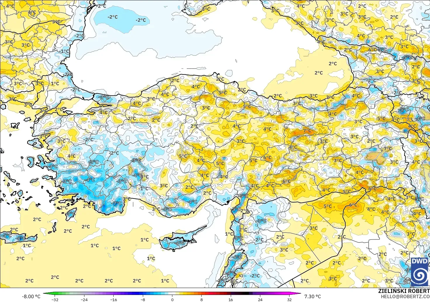 ICON modelo - Turquía, Anomalía de temperatura a 2 m