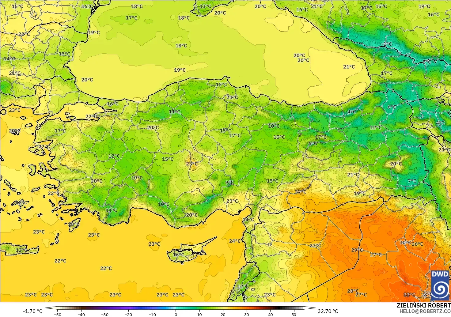 ICON modelo - Turquía, Temperatura a 2 m