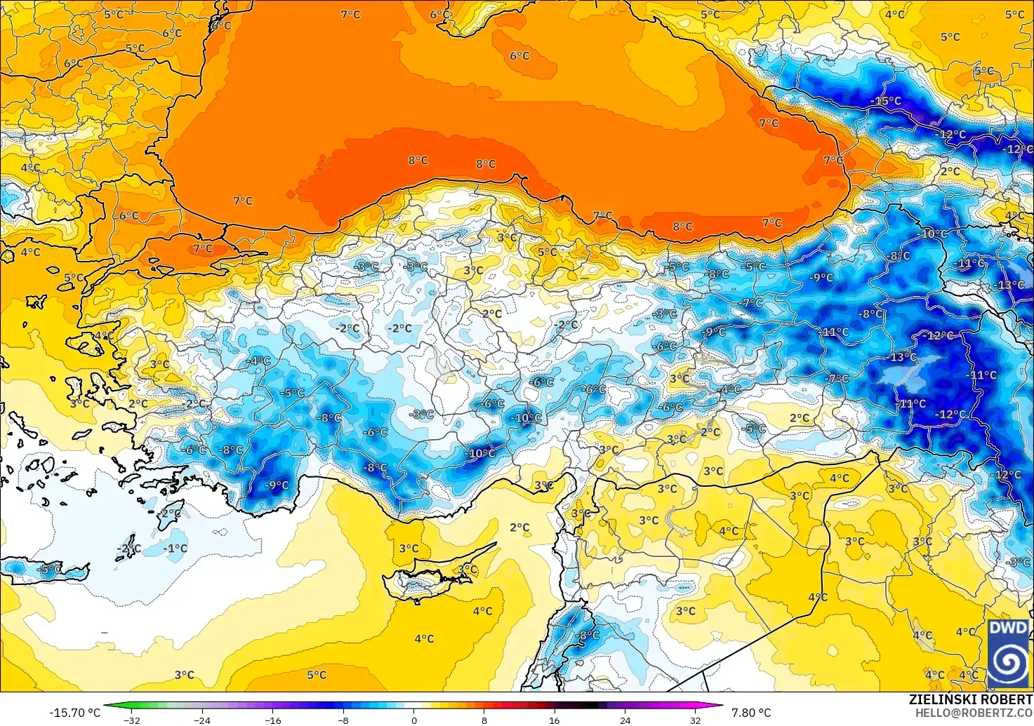 ICON modelo - Turquía, Anomalía de temperatura a 850 hPa